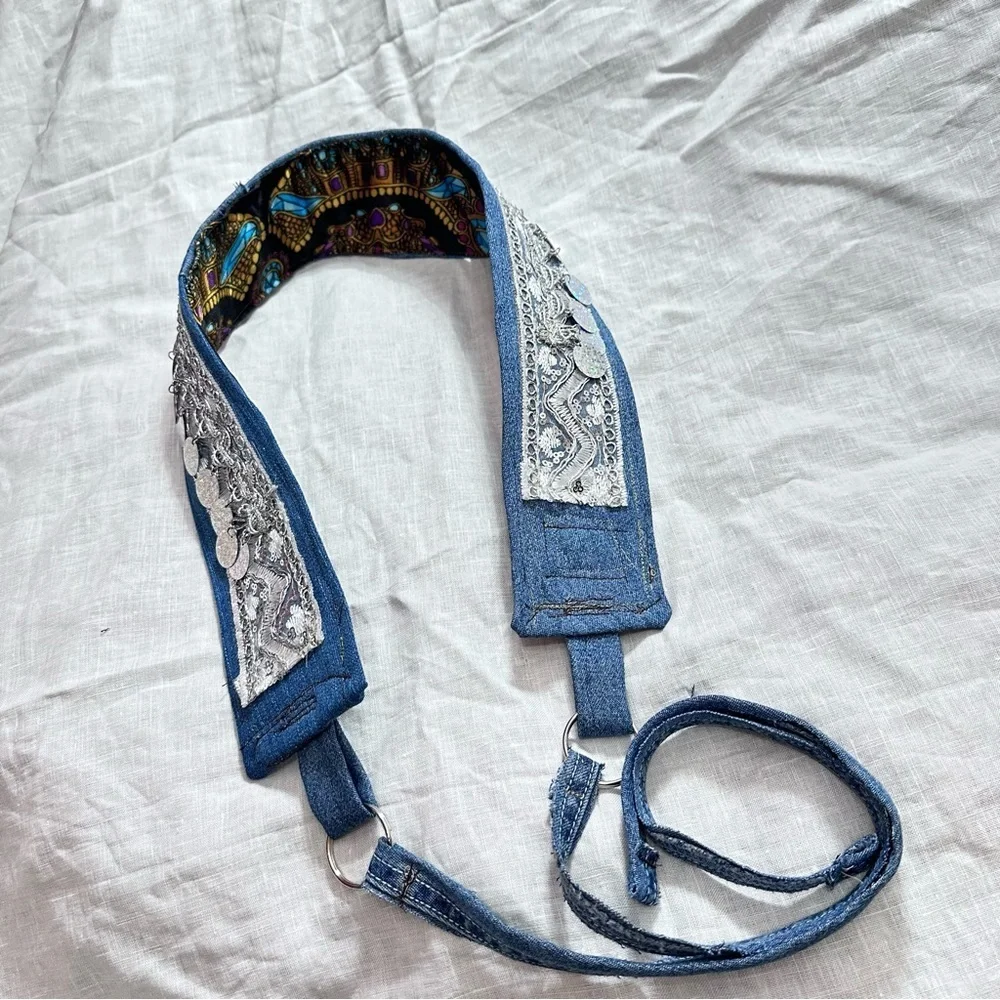 Artisan Boho Denim Coin Belt Handmade Upcycled Festival Waist Belt 33-38 Signed